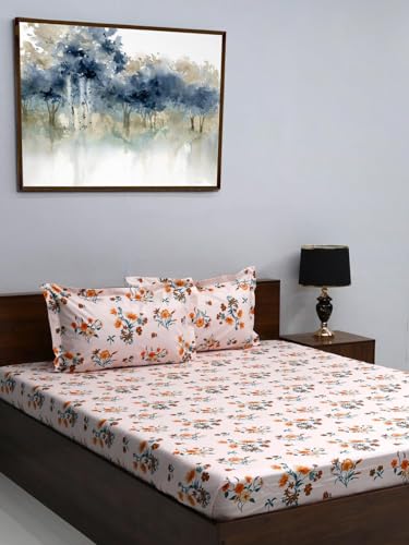 Bombay Dyeing King Size 180 TC 100% Cotton Bedsheet with 2 Pillow Cover- 525B Floral Collection - Size: 274cm x 274cm - 7508 Orange