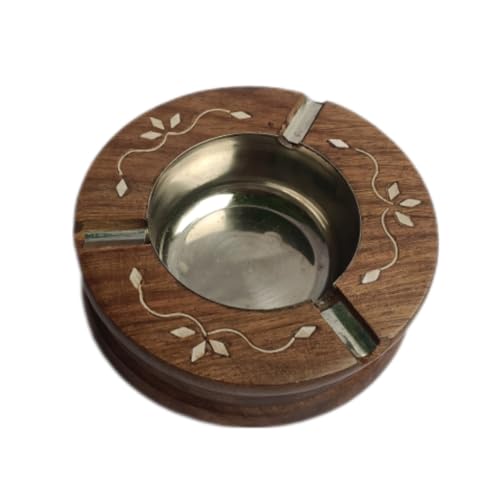 Indian trust arts Wooden Ashtray with Inlay Design, Round Shape, steel Insert,for Home Office Car Gifts,Brown