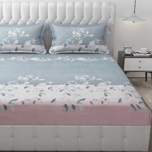 LEVINLY Printed Cotton Feel| Wrinkle Resistant | Skin Friendly| Double/King Bed with All Around Elastic King Size bedsheet with 2 Pillow Covers,Pink Floral (Size 72 x 78 x 8 inch)