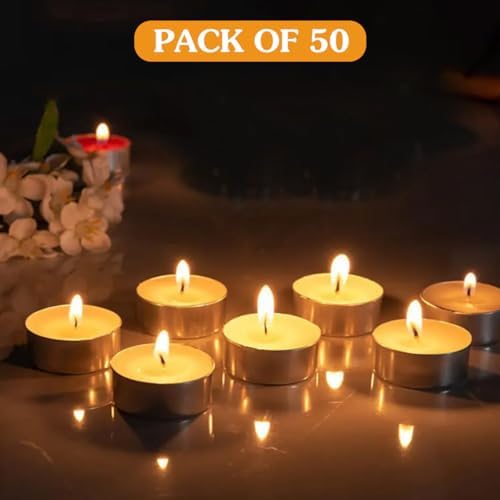 Shubhkart Tejas Puja Ghee T-Light Candles 50N | Non Toxic Smokeless & Wax Free Tea Light Candles Perfect for Home Decor, Prayers, Rituals|No Residue Long Lasting| 3 Hours Burn Time (Set of 50)