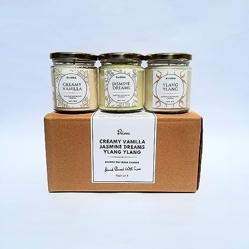 Vanilla, Lavender & Jasmine Eliora Scented Soy Blend Candles (Set of 3-140gms Each) Burn Time- 30 Hours, Best for Gift