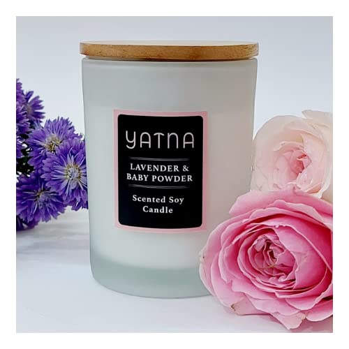 Virgo Creations YATNA Glass Jar Candle, Soy Wax, Lavender-Baby Powder Fragrance, Frosted Glass Jar Candle with Wooden Lid, Home Fragrance Décor Gift, Jar Size 7.5×7.5×10 cm, Pack of 1