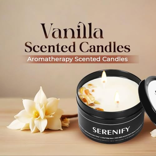 SERENIFY Scented Candles |Aromatherapy Candles | 200 gm Each Soy Wax Eco-Friendly | 24 hrs Burn Time | Lavender and Vanilla Fragrance with Yellow Citrine Stones| Tin Container Pack of 2