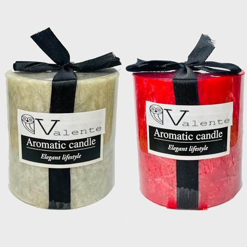 The Decor Affair Duo of Sandalwood Vanilla Scented Pillar Candles (3x3 Inches) - Artisanal Home Fragrance Ornaments for Unwinding After a Long Day (Beige Red)