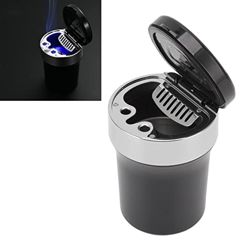 Mini Car Ashtray, Flame Retardant Car Ashtray LED Light Detachable Stainless Steel Inside for Outdoor (Black Silver)