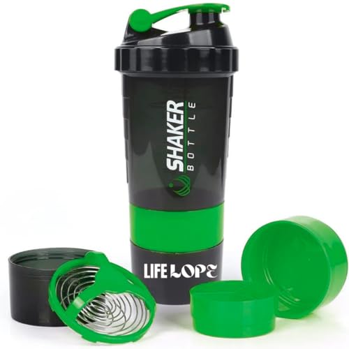 LIFELOPE Spider Gym Shaker Bottle, Shakers for Protein Shake with 2 Storage Compartment Gym protein shaker for workout (High Density Polyethylene, Pack of 1) (Green & Black)