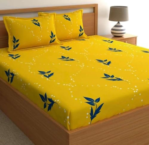 Premium Cotton All Around Elastic Fitted Double Bed Bedsheet (72” x 78”) with 2 Pillow Covers (16" x 26") (BS4 (B) Yellow Mandir)