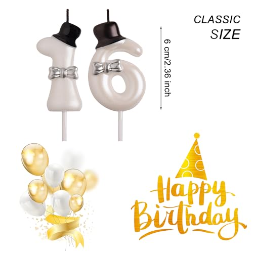 AOOLADA 16th Birthday Candles, White 3D Number 16 Happy Birthday Candle Cake Topper Decorations for Teenagers Boys Girls