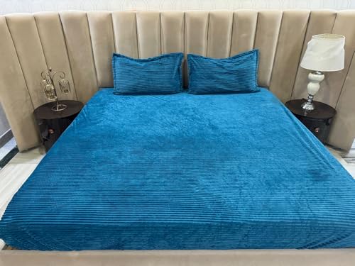 Byloom Premium Velvet Solid Woollen Fitted Bedsheet for Double Bed, 254 x 265 cm, with 2 Pillow Covers, 46 x 68 cm, Blue (Blue)