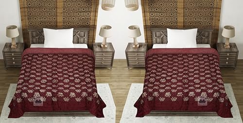 PINAARAS INTERIOR Cotton Filled Light Weight Silk Jaipuri AC Quilt/Razai Gold Print Jaipuriya Rajai/Razzai - (Animal Print, Maroon Elephant Single Bed Set of 2)