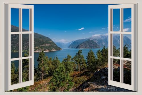 JVERF - JZZA25669 Norway Mountains Hardangerfjorden Trees| Self-Adhesive Open Window Wall Sticker