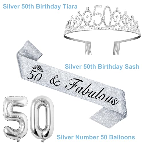 50th Birthday Decorations Women Include Silver 50th Birthday Tiara and Sash, Silver 50th Birthday Candles and Cake Topper, Silver 50th Birthday Balloons for 50th Birthday Gifts Women