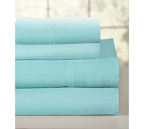 Pointehaven Combed Cotton Percale Printed or Solid Sheet Set Aqua 4 Piece Queen