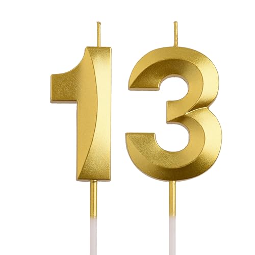 AOOLADA 13th Birthday Candles, Gold 3D Number 13 Happy Birthday Candle Cake Topper Decorations for Teenagers Boys Girls