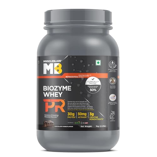 MuscleBlaze Biozyme Whey Protein PR (Chocolate Fudge, 1kg / 2.2lbs) with 30g Protein, 3g Creatine Monohydrate & 50mg AstraGin® | Trustified Gold Certified