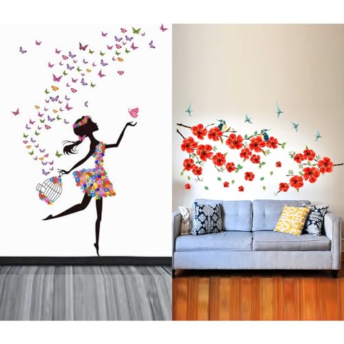 WALLBOOK Set of 2 Wall Stickers Dreamy Girl | Branch of Sakura Blossom for Home, Hall, Bedroom, Livingroom & Kitchen