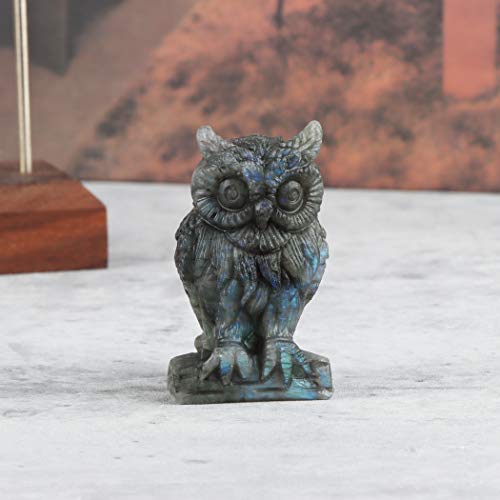 Artistone 2.0" Labradorite Owl, Hand Carved Gemstone Fine Art Sculpture, Reiki Healing Stone Statue,for Home and Office Decor