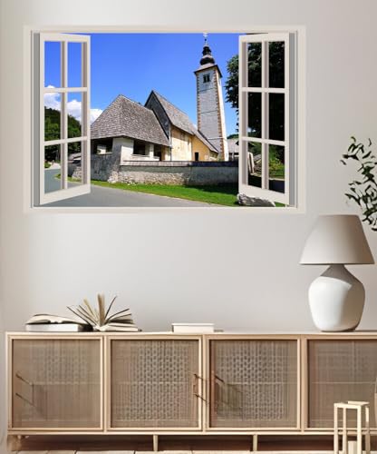 JVERF - JZZA28392 Slovenia Mountains Church Sveti Janez| Self-Adhesive Open Window Wall Sticker