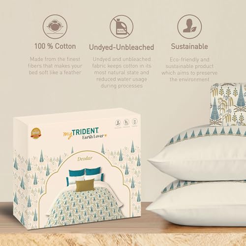 Trident Earth Lover King 3-Piece Bedsheet Set, 100% Cotton, Bedsheet for Double Bed (1 King Size Bedsheet with 2 Pillow Covers) Superior Softness, 144 Thread Count, Deodar