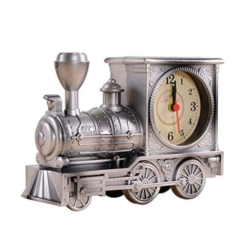 FAVOMOTO Silver Retro Train Clock Model Train Locomotive Clock Table Time Clock Steampunk Decoration Home Office Shelf Train Model Time Clock