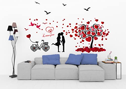 HS Décor Cute Couple loveing Hearts Tree with bycycle Birds for Home Decorative Multicolour Wall Sticker (100 Cm X 100)