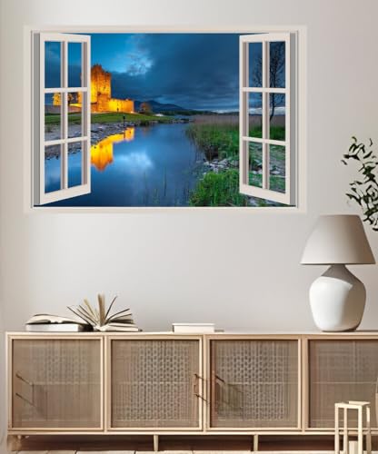 JVERF - JZZA22935 Ireland Lake Castles Evening Ross Castle Lough| Self-Adhesive Open Window Wall Sticker