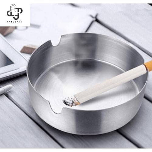 Fableart Stainless Steel Round Ashtray – 3 Grooves for Cigarettes, Windproof Design for Home, Office, Outdoor Use