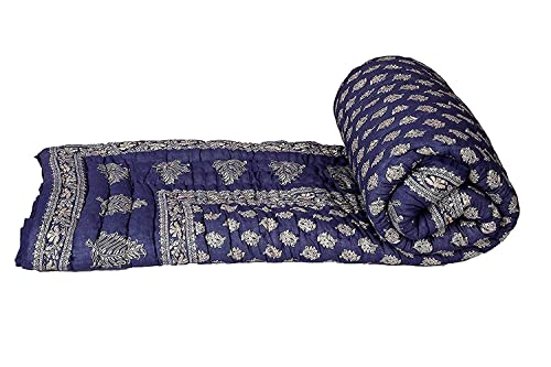 HOMYFINE Hand Made Super Soft Cotton Jaipuri Traditional Printed Razai Quilt Cotton Single Bed Quilt Razai/Rajai-Set of 2 (Blue Die Gold S-2)