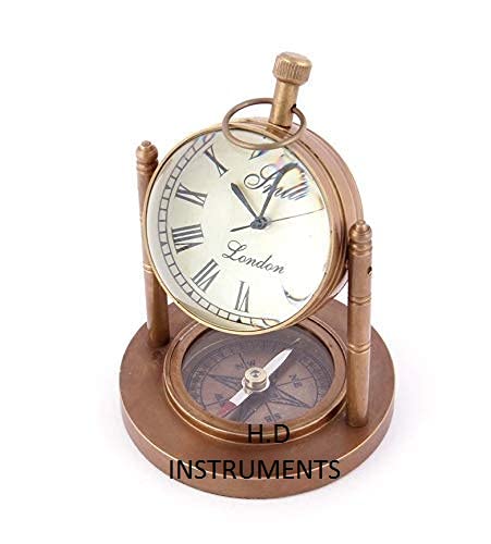 Home Decor Instrument Brass Table Clock with Navigation Compass Antique Table Clock