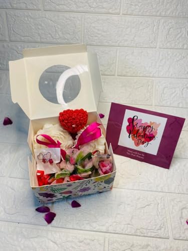 The Pink Patterns Valentines Day Gift Hamper for Her- Heart/Flower Shape Candles with Earrings, Scrunchies and Card | Rose Fragrance SOYA Wax Candles | Special Love Combo