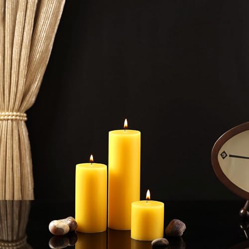 AmodaCandles, Set of 3 Large Round Pillar Candles, Yellow