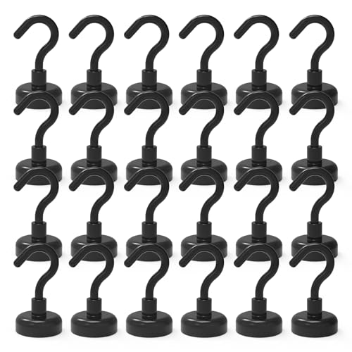 THCMagorilla Black Magnetic Hooks, Strong Neodymium Rare Earth Magnet Hooks for BBQ Fridge Cruise Keys Refrigerator whiteboard Kitchen Indoor Hanging Coat and Office 22LBS Black, Pack of 24