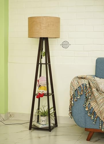 Crosscut Furniture Wooden Floor Lamp with Shelf in Dark Finish (Natural Jute) LED