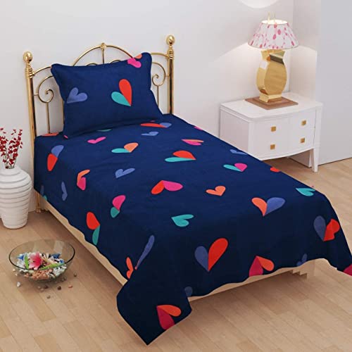 Super Soft Glace Cotton 144 TC Kids Print Single Bedsheet with 1 Pillow Covers-Dark Blue