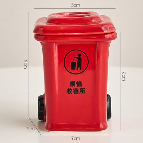 Mini Trash Can Shape Ash Holder Ceramic Portable for Living Room Office Desk Red