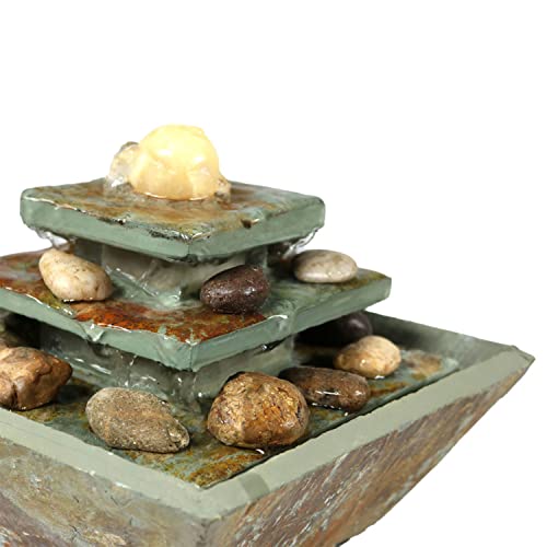 Sunnydaze 8-Inch Ascending Slate Tiered Waterfall Fountain - Built-in LED Light Provides Ambient Lighting - Perfect Size for Desktop or Bedroom - Indoor Relaxation - Electric Square Water Feature