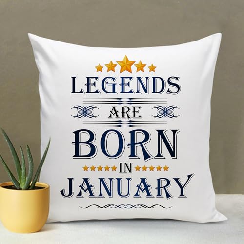 Legends are Born in January Happy Birthday Gift Combo Set (1 Printed 12” x 12” Satin Cushion with Filler, 1 Coffee Mug (January, ATCMK)