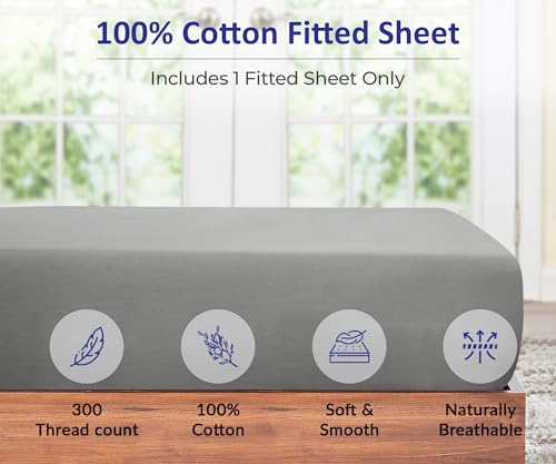 Royale Linens 300 Thread Count 100% Long Staple Combed Cotton Fitted Sheet - Super Soft Deep Pocket Bottom Sheet -Silver Fitted Sheet Twin Size - Twin Fitted Sheet Only - Elastic Sheet (Twin, Silver)