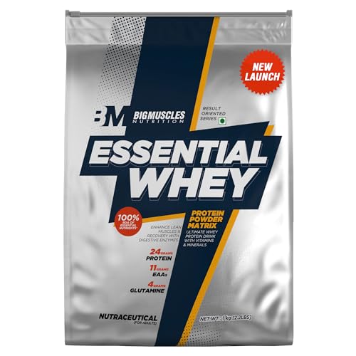 Bigmuscles Nutrition Essential Whey Protein 1Kg [Dutch Chocolate] | 24g Protein/serving with Digestive Enzymes,Vitamin & Minerals, No Added Sugar|Improved Strength , Faster Recovery & Muscle Building