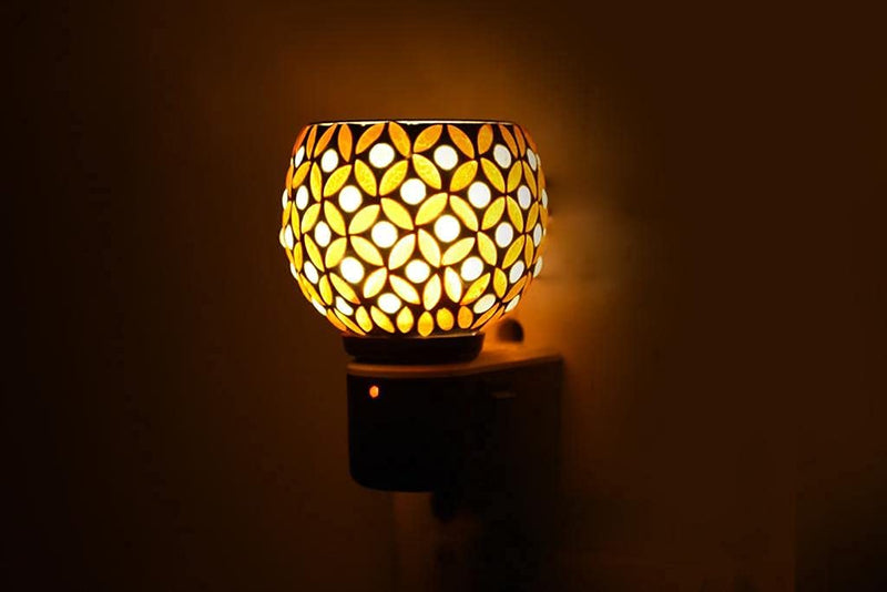 Dbell | Kapur Dani Electrical Camphor Diffuser. Glass Kapoor Dani & Essential Oil Diffuser with On Off Switch to Toggle Between Burner & Lamp (Yellow Patti)