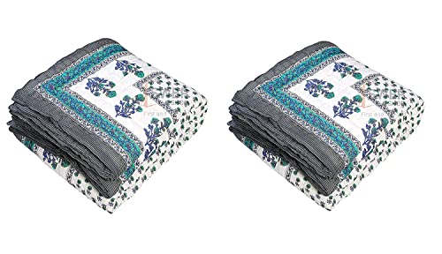 SIBLEY Rajasthani Cotton 300 TC Jaipuri Razai ac Blanket | Flower Print with Border Design Single Bed Reversible razai Quilt (Pack of 2)- 55 x 85 Inch (Blue or Grey)