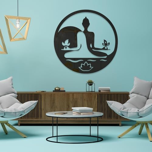 SPARKSBAE Black Mirror Self Adhersive Acrylic Sticker Featuring Buddha Meditation Design Decal for Living Room, Bed Room, Hall, Kitchen, Foyer Wall Decor DIY (Black | 30x30cm | 2 Pieces)