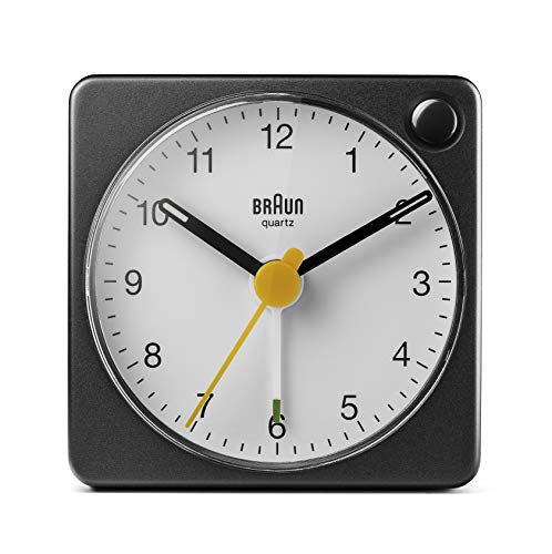 Braun Classic Analogue Travel Alarm Clock with Snooze Function and Light, Compact Size, Quiet Quartz Movement, Crescendo Alarm, Black and White Model BC02XBW