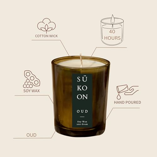 Sukoon Oud Scented Soy Wax Candle with Upto 40 Hr Burn Long Lasting Fragrance Candle Perfect for Home Décor (Pack of 1)