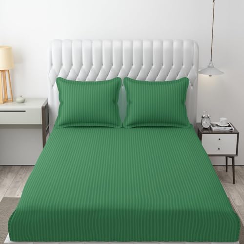 Sky Tex Satin Striped Green Color 140 TC Double Bed Sheet with 2 Pillow Covers