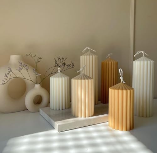 Striped Pillar Candle | Tall Candle | Scented Candles | Soywax | Set of 2 Tall and Short (White)