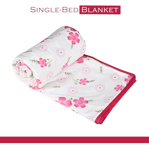 Fun Homes Blanket | Comforter Single Bed | Reversible AC Comforter | Cotton Single Dohar | Lightweight Dohar for Summer | All-Season Bed Blanket | Pink Circle Flower-Design | White