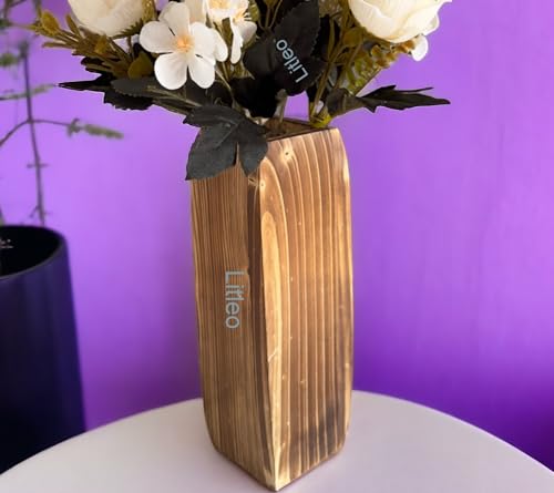 Liteo Wooden Decorative Vase, Tall Square Modern Design, Natural Wood Grain Texture (Only Vase)