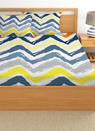 IVAZA 220 TC Cotton Feel Ezyption Cotton Double Bedsheet King Size -with 2 Pillow Covers - Rotary Printed, Hypoallergenic, Wrinkle Free (90 x 90 Inches | Yellow Zig zag