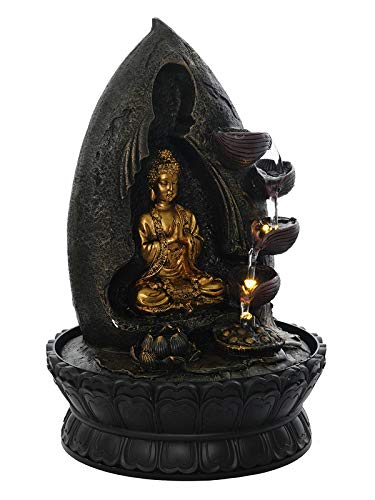 CHRONIKLE Polyresin Golden & Brown Buddha Showing Namaskara Mudra Table Top Home Decor 4 Designer Steps Water Fountain with Speed Controller Pump & LED (Size: 40 x 25 x 25CM | Weight: 2020 Gram)